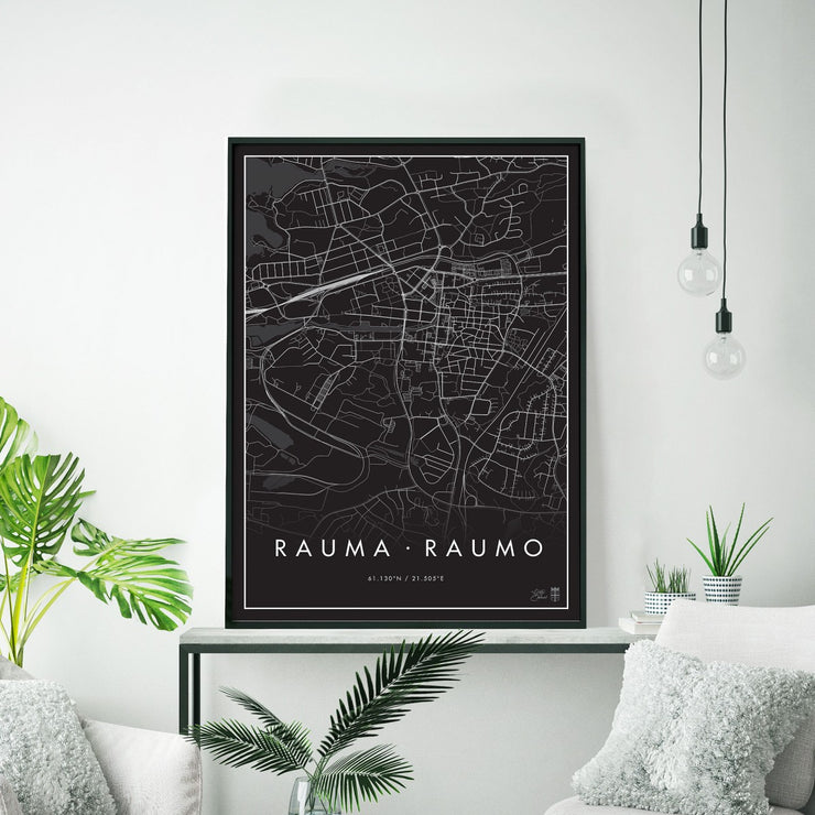 Minimalistinen Rauma - Musta Kaupunkijuliste - Påster
